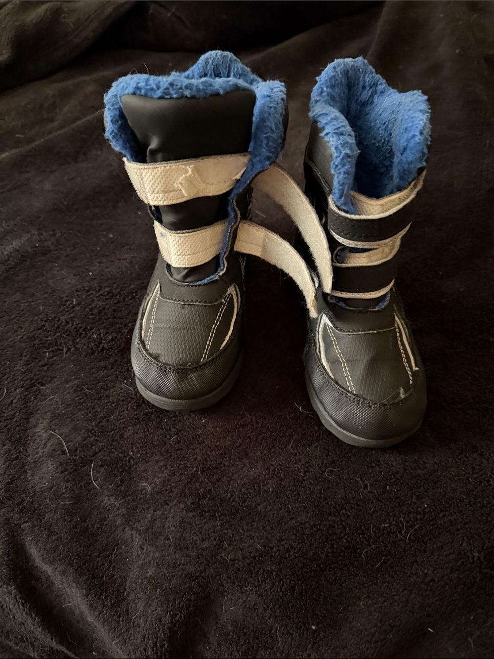 totes Kids Black Boots with Blue Lining and Beige Straps